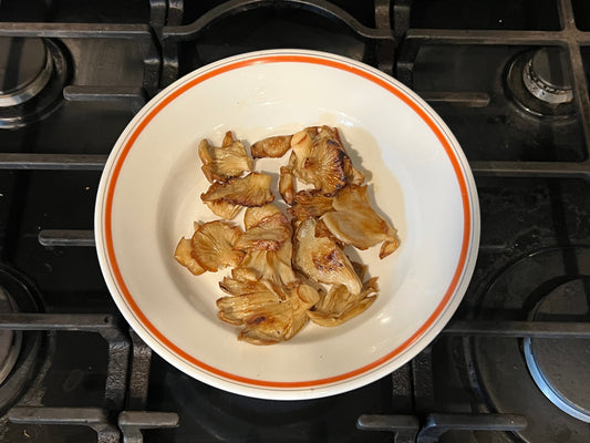 Dry fried blue oyster, elm oyster, and lions mane mushrooms